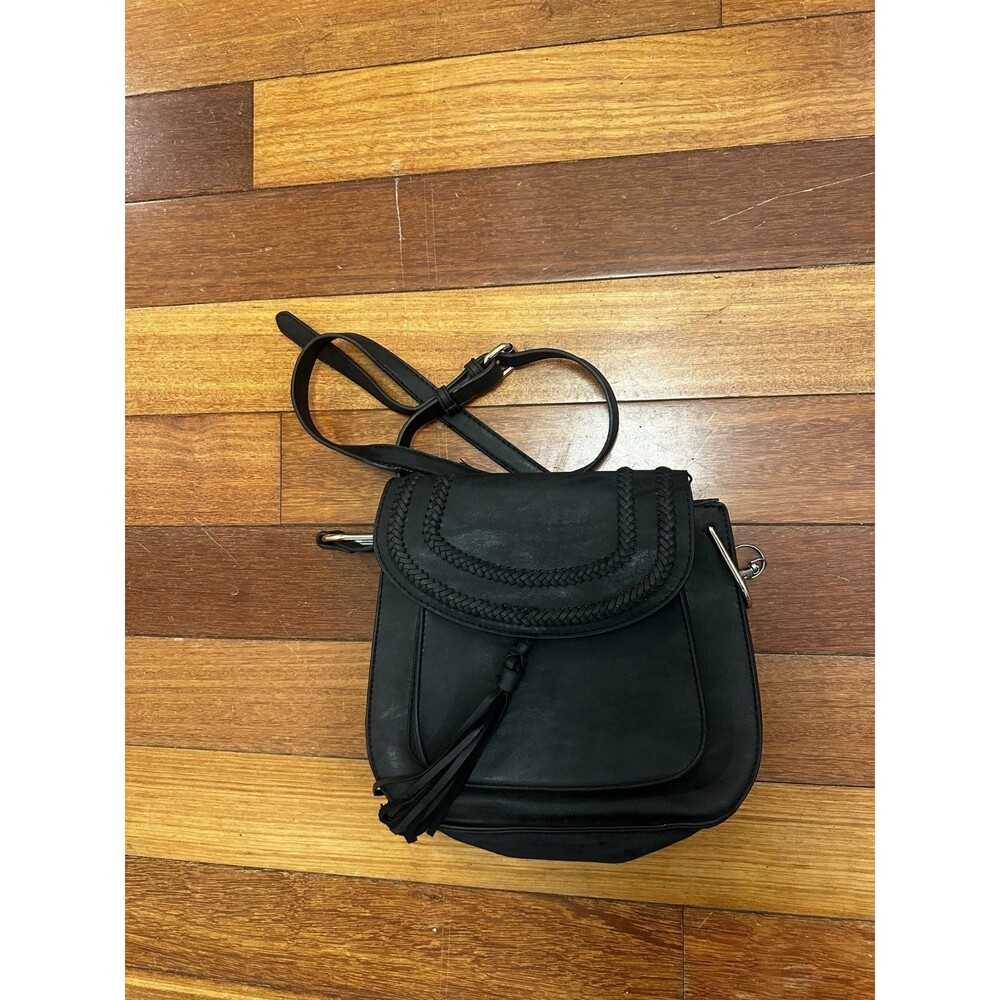 Franco Sarto crossbody tassle black leather bag / purse with outer pockets